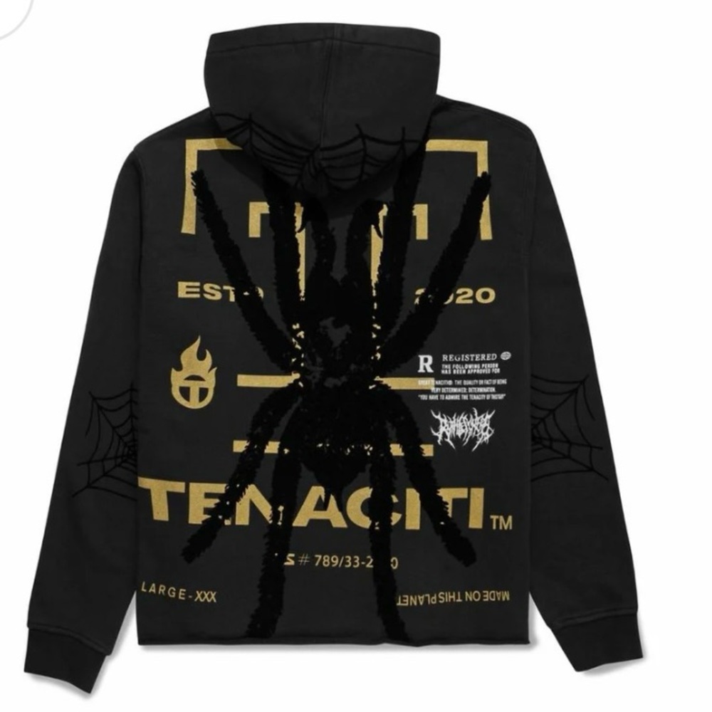 TENACITI Spider Black Hoodie 100% COTTON METALLIC GOLD VELVET SPIDER MENS SZ LG - Picture 2 of 16